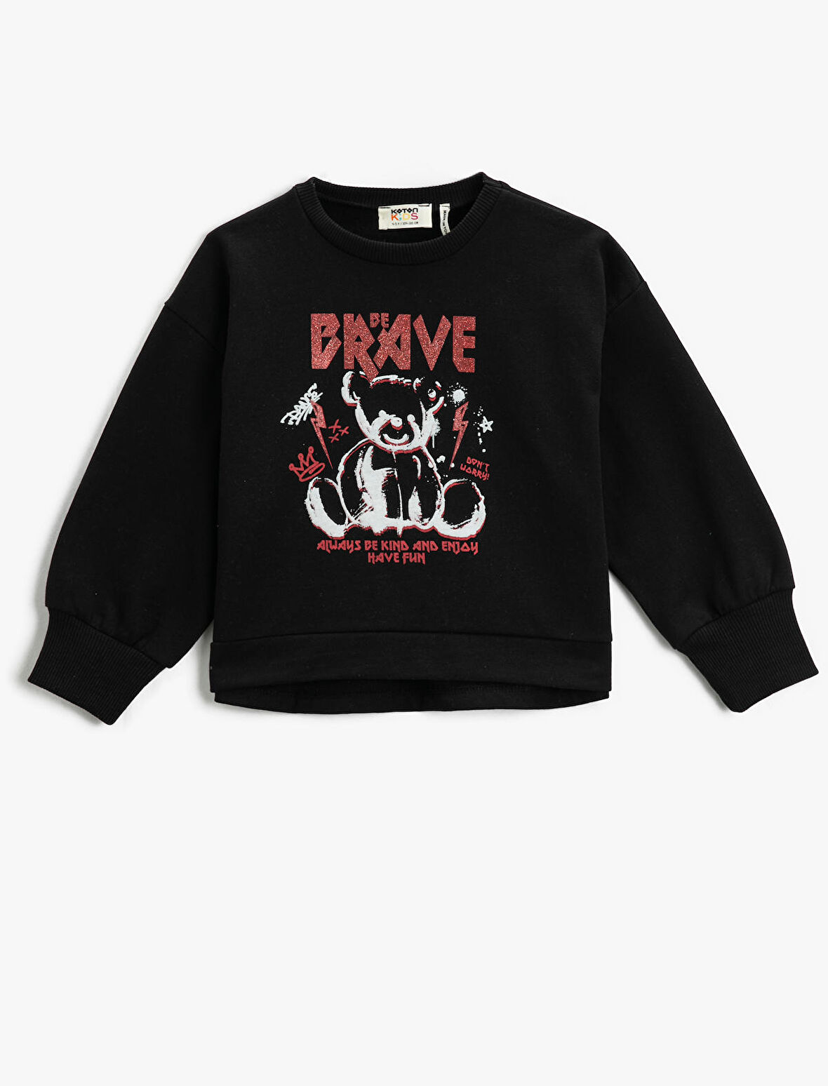 Ayıcık Baskılı Sweatshirt Pamuklu Bisiklet Yaka Uzun Kollu