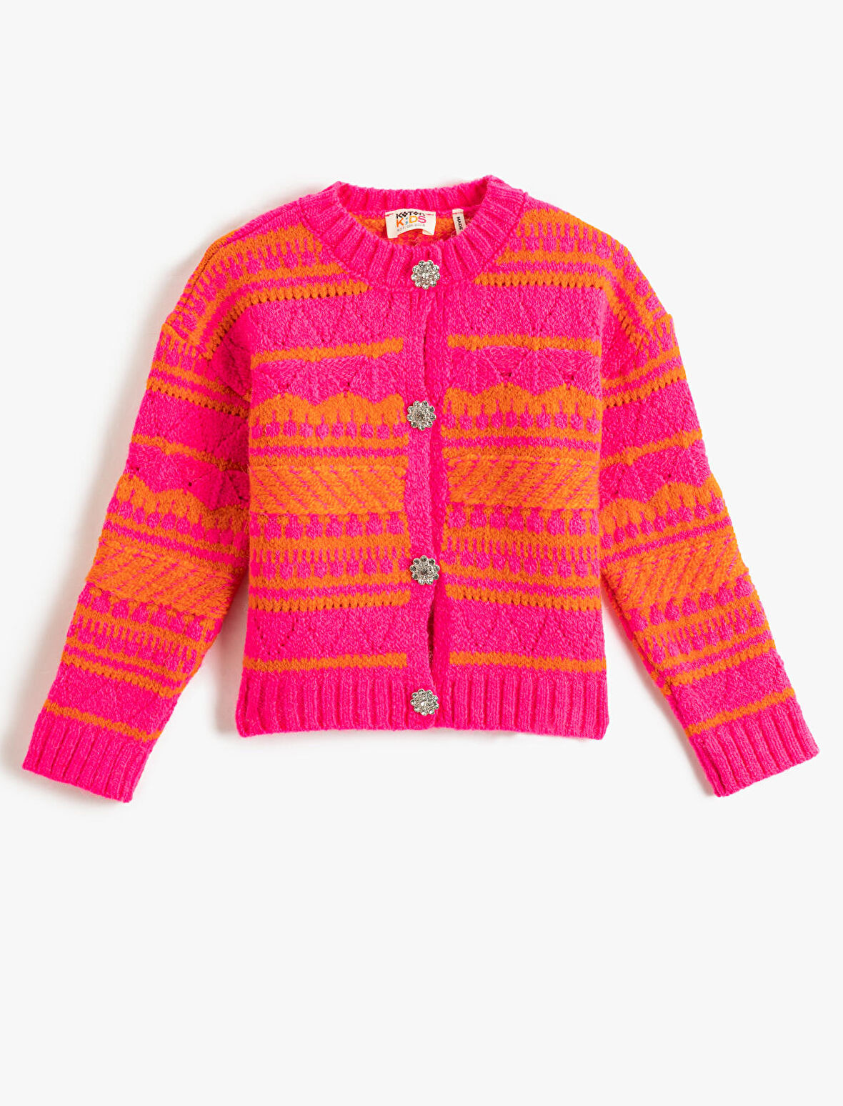 Oversize Örgü Hırka Düğmeli Yuvarlak Yaka Etnik Desenli