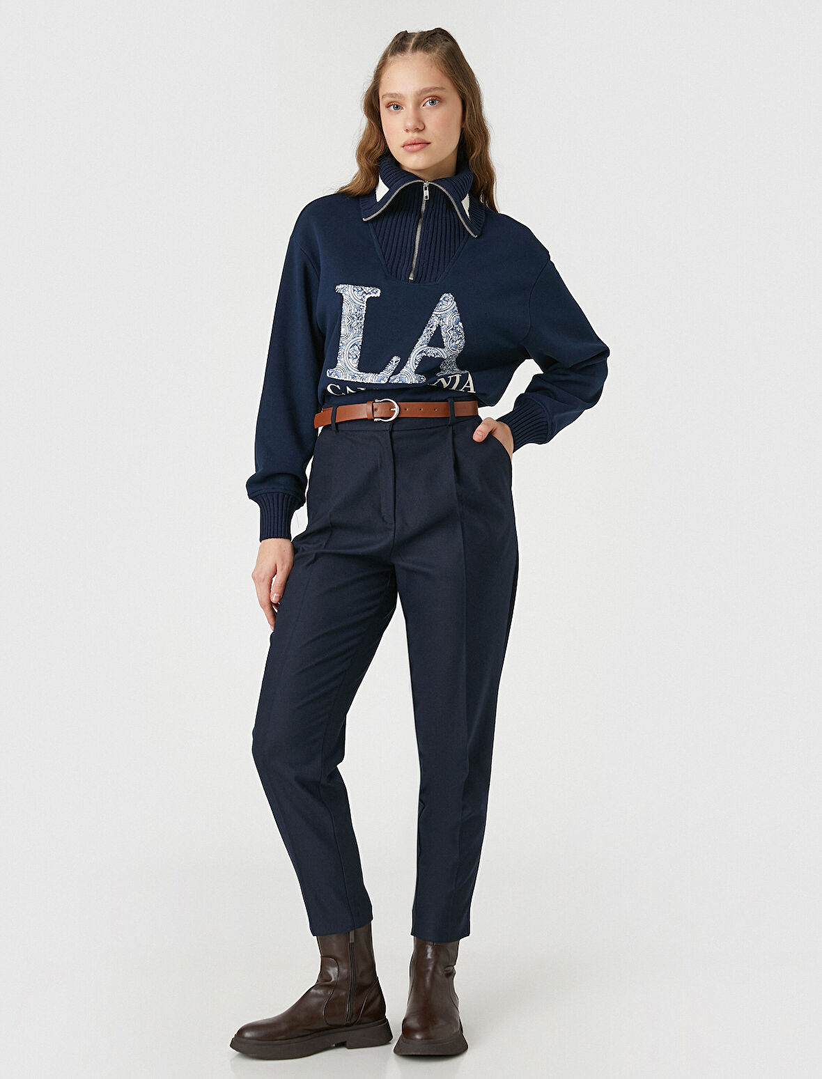 Oversize Sweatshirt Kolej Baskılı Yakası Fermuar Detaylı İçi Polarlı