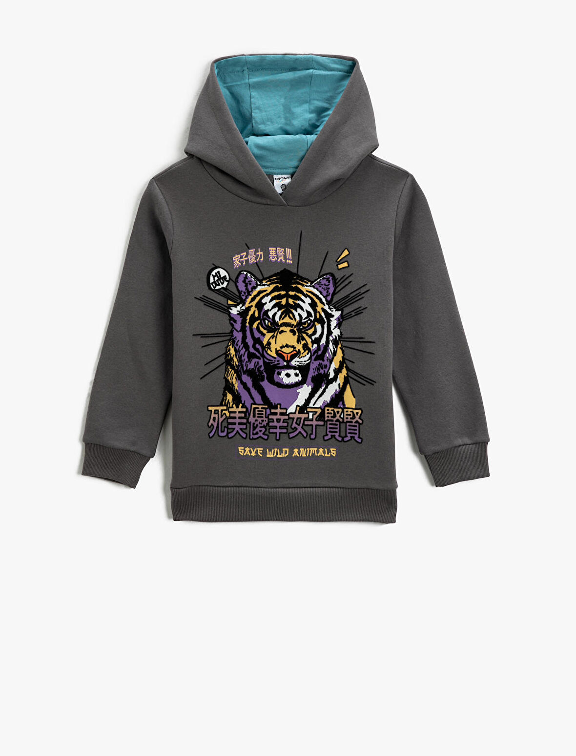 Kaplan Baskılı Kapşonlu Sweatshirt Uzun Kollu