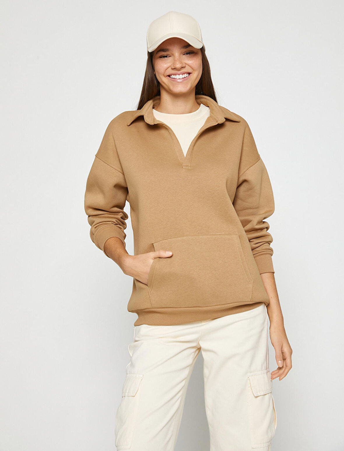 Polo Yaka Sweatshirt Oversize Kanguru Cepli İçi Polarlı