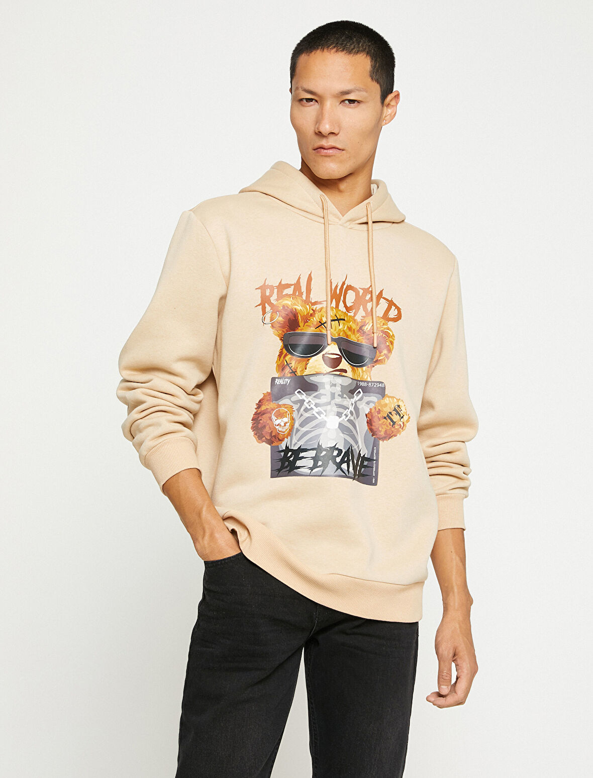 Ayı Baskılı Kapşonlu Sweatshirt Şardonlu