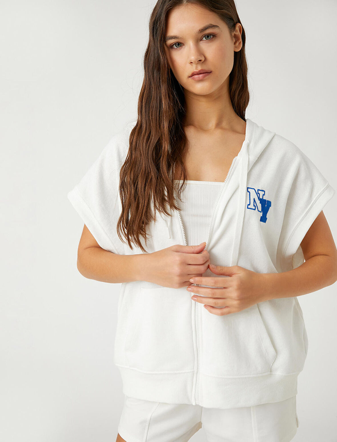 Oxford Baskılı Sweatshirt Kapüşonlu Fermuar Detaylı Kolsuz