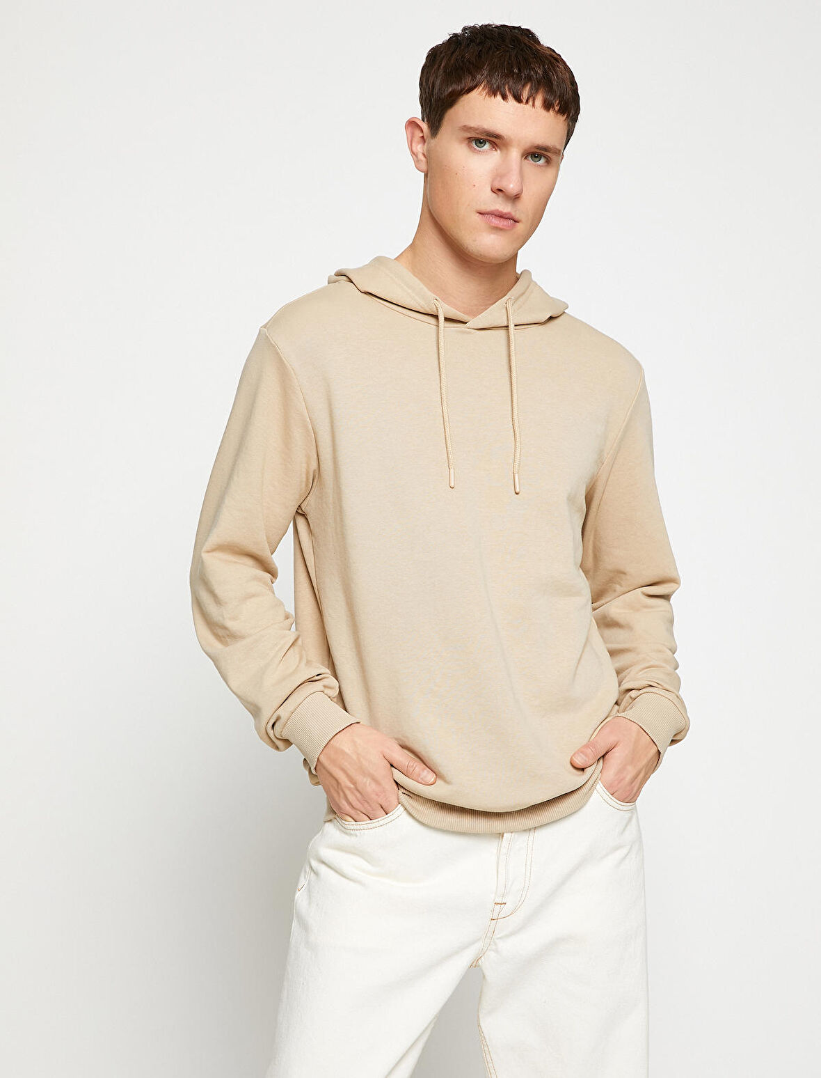 Basic Kapşonlu Sweatshirt Etiket Baskılı Uzun Kollu