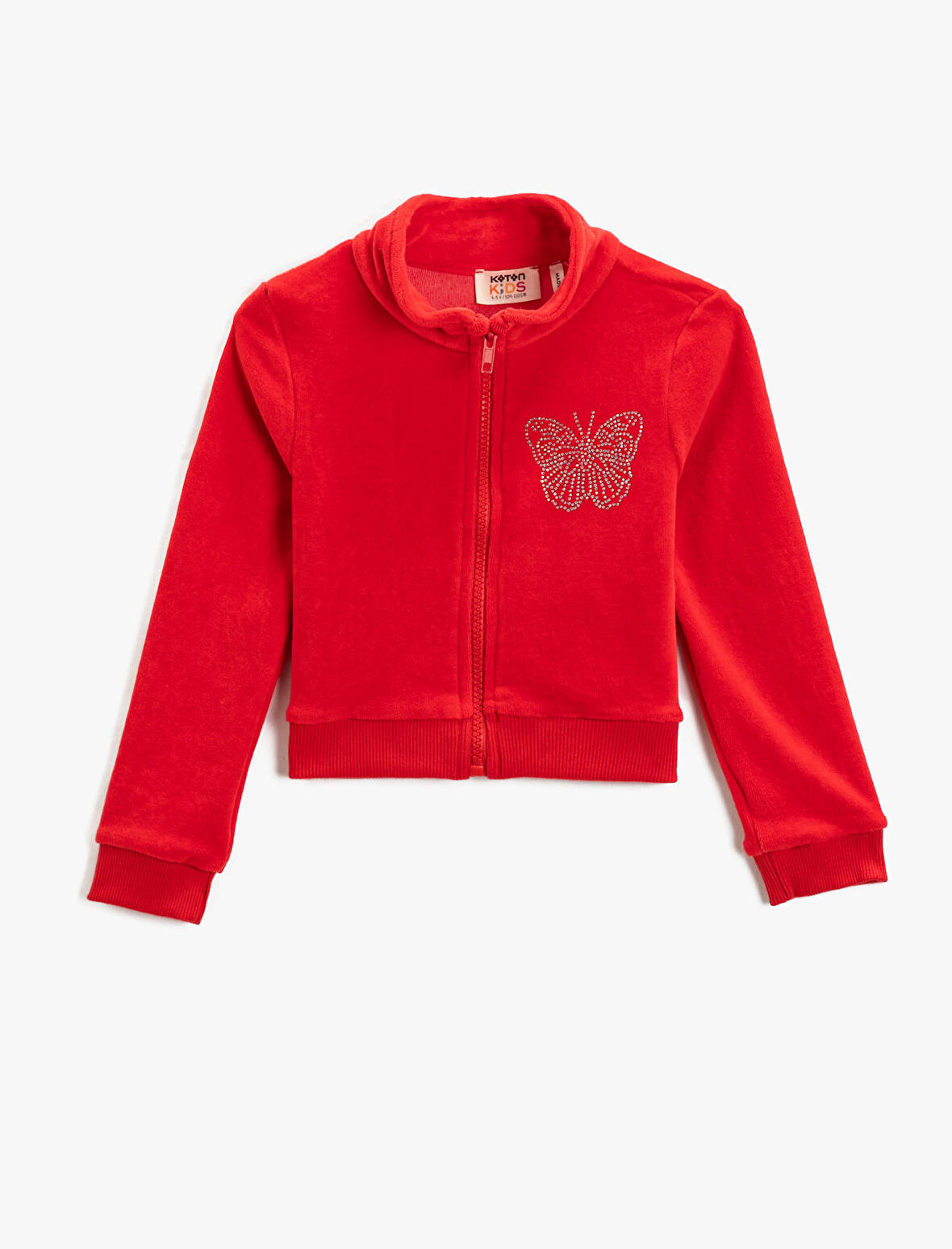 Dik Yaka Fermuarlı Polar Hırka Uzun Kollu Kelebek İşleme Detaylı