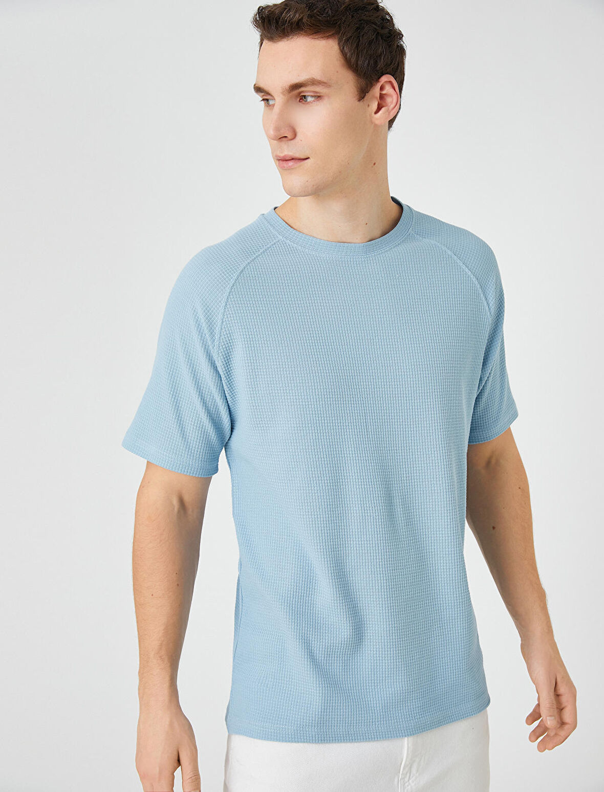 Basic Tişört Bisiklet Yaka Dokulu Reglan Kol Detaylı 