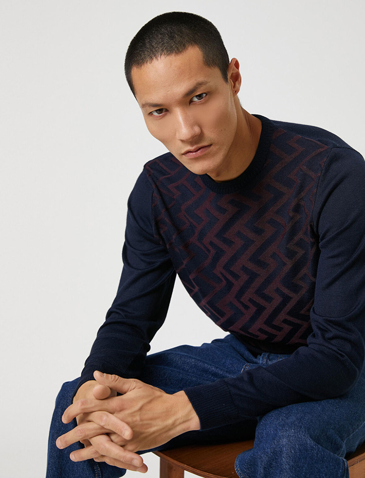 Basic Triko Kazak Geometrik Desenli Dokulu Bisiklet Yaka