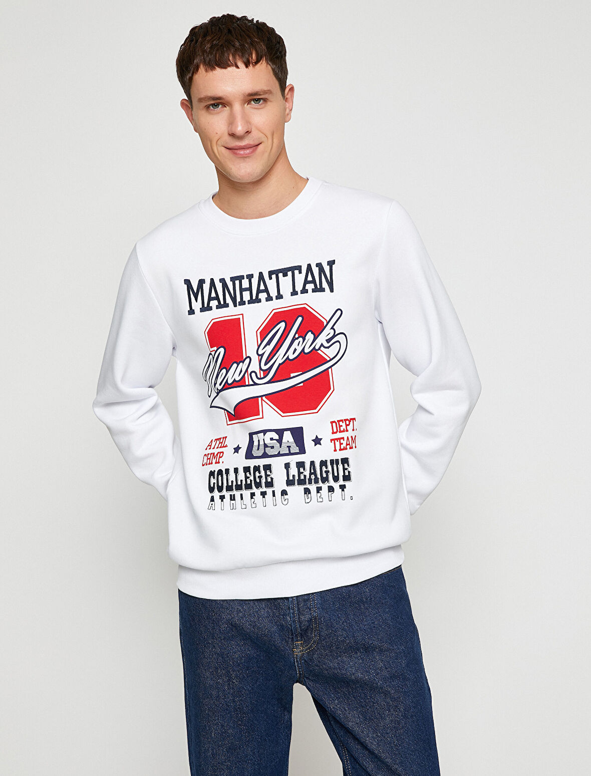 Kolej Baskılı Sweatshirt Şardonlu Bisiklet Yaka