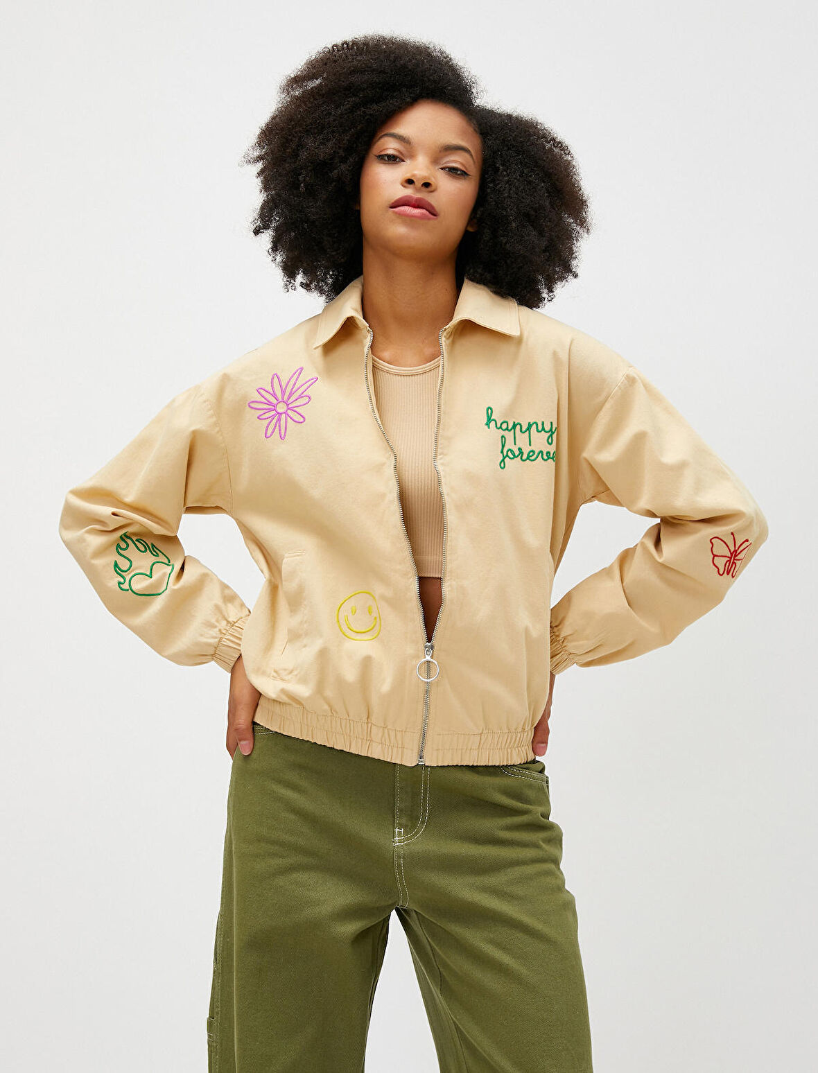 Bomber Ceket Fermuarlı Slogan İşlemeli Cep Detaylı Pamuklu