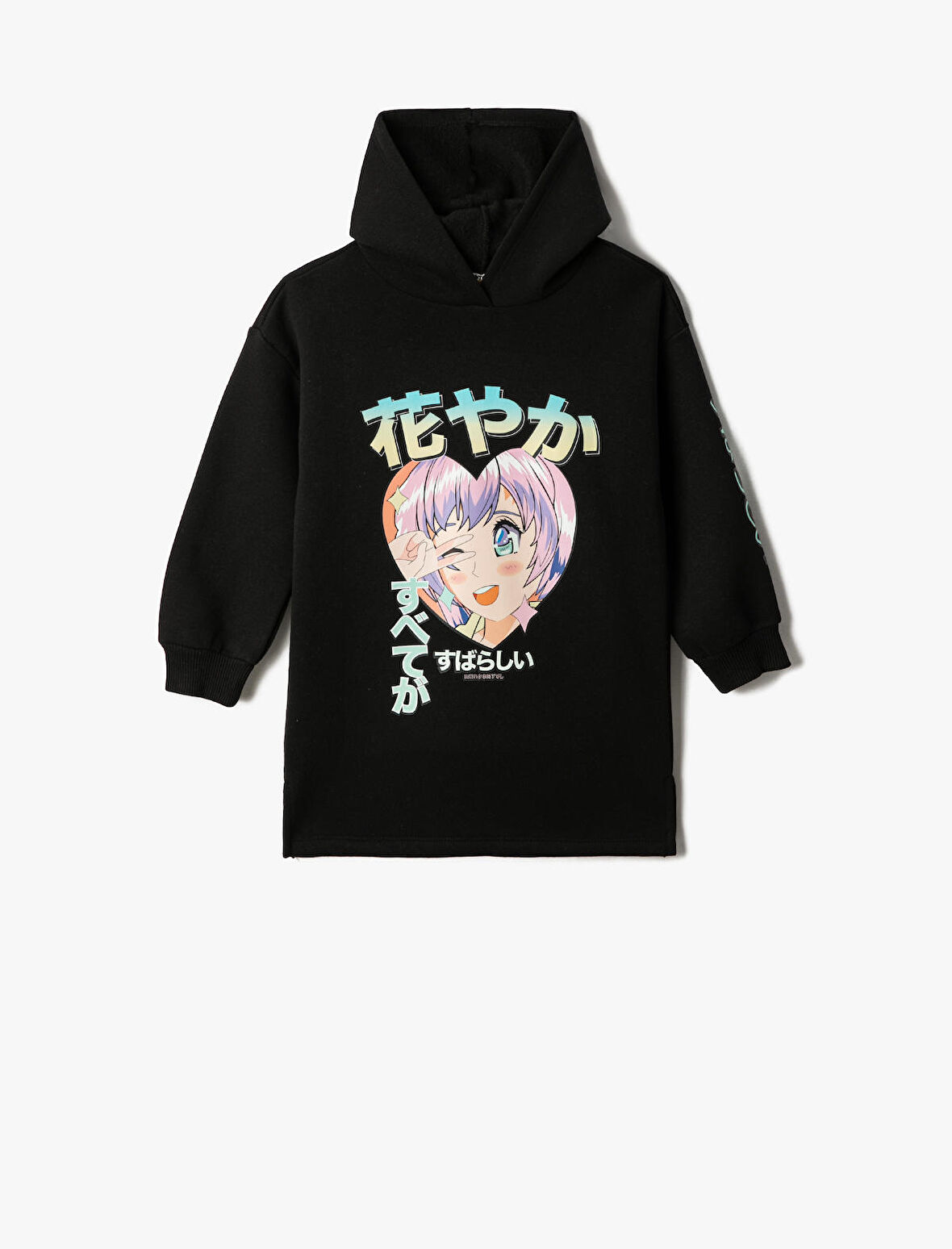 Sweat Elbise Animasyon Baskılı Kapşonlu Uzun Kollu