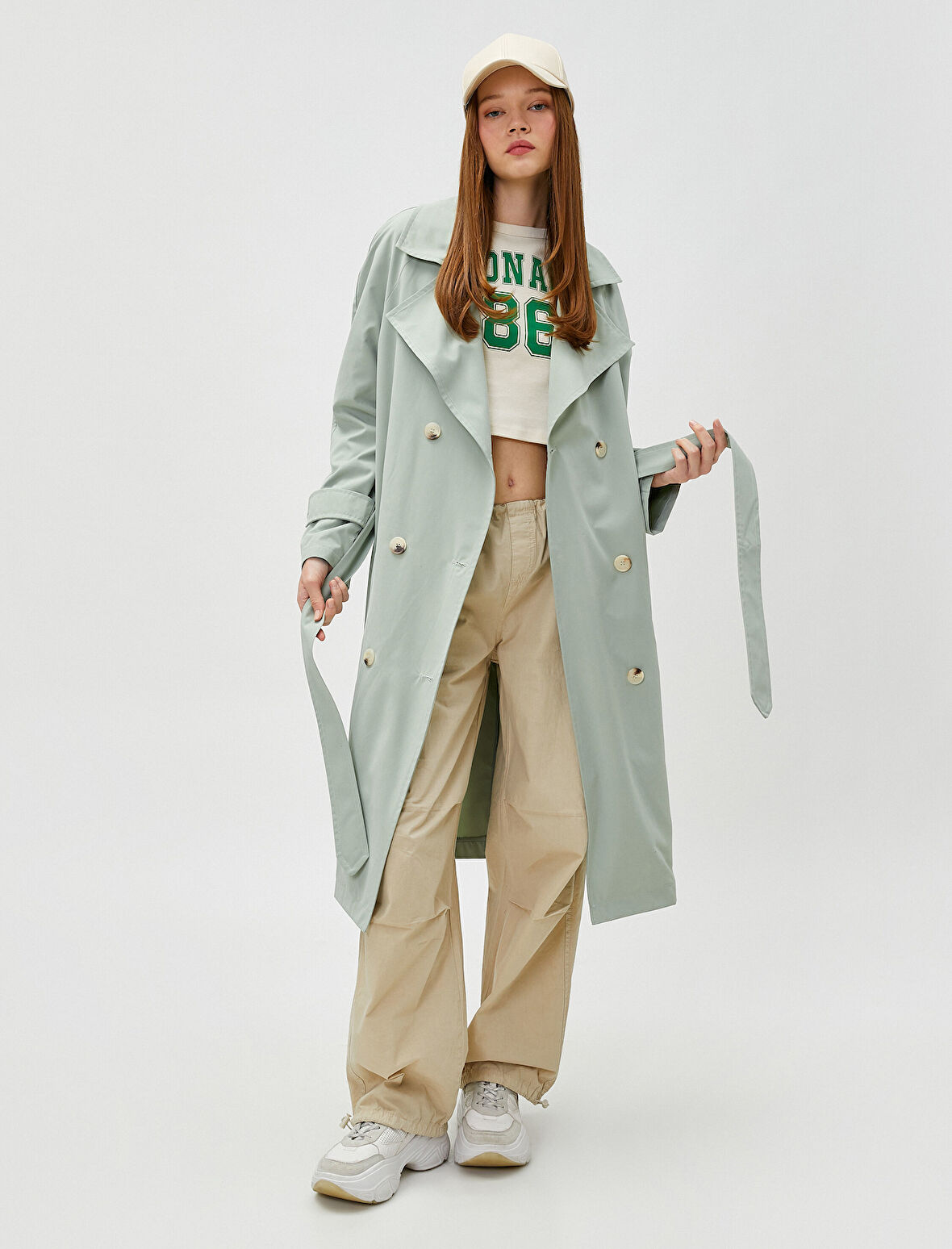 Midi Trençkot Kemer Detaylı Yumuşak Tuşeli Kruvaze Kapama