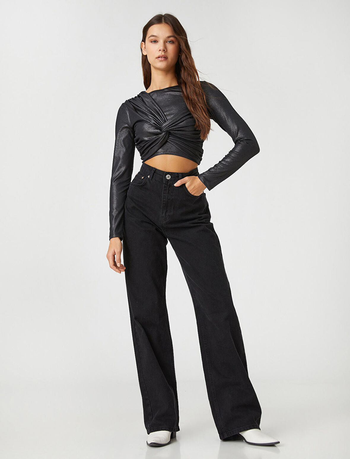 Uzun Kollu Tişört Crop Işıltılı Bisiklet Yaka Büzgü Detaylı