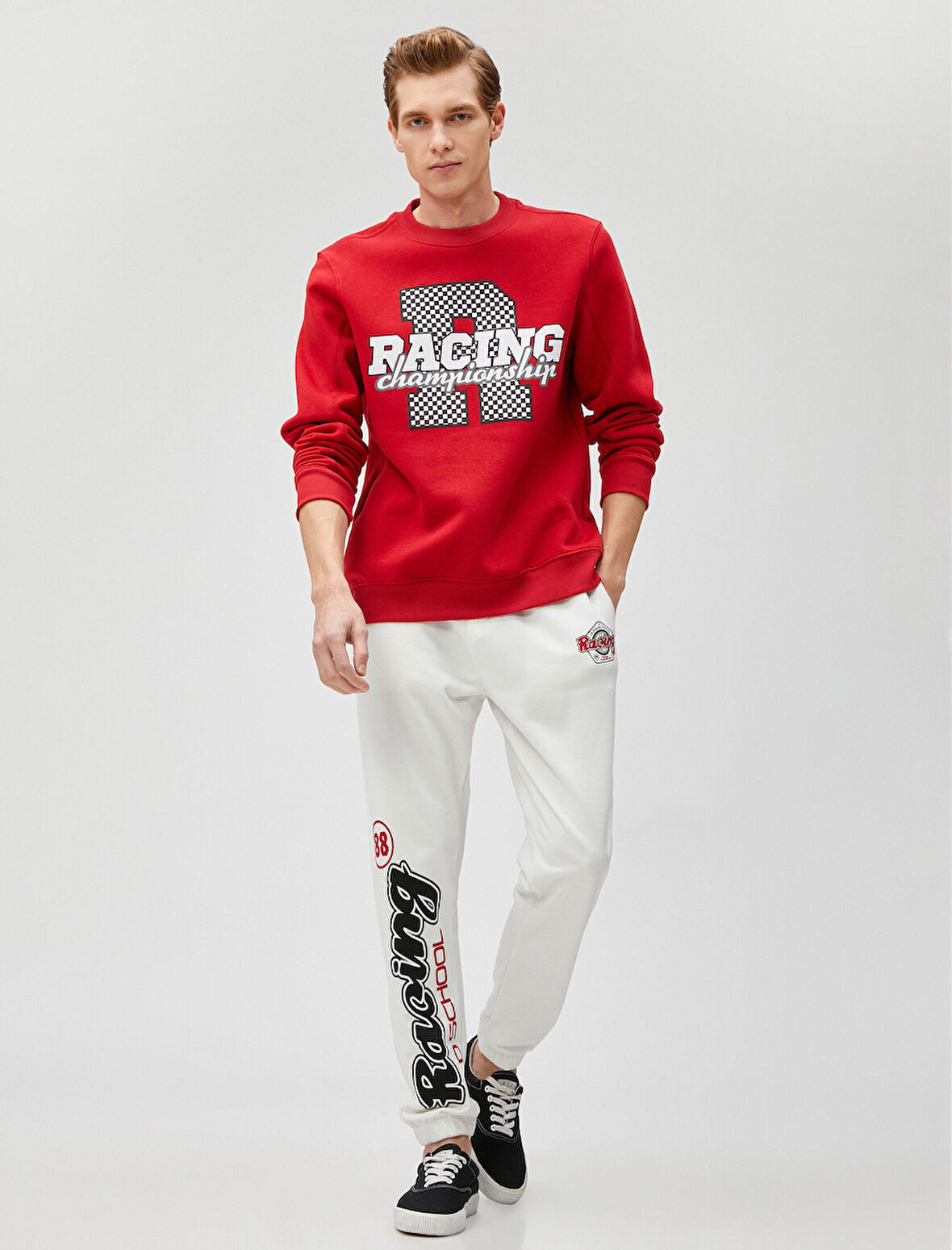 Yarış Temalı Sweatshirt Baskılı Bisiklet Yaka Uzun Kollu