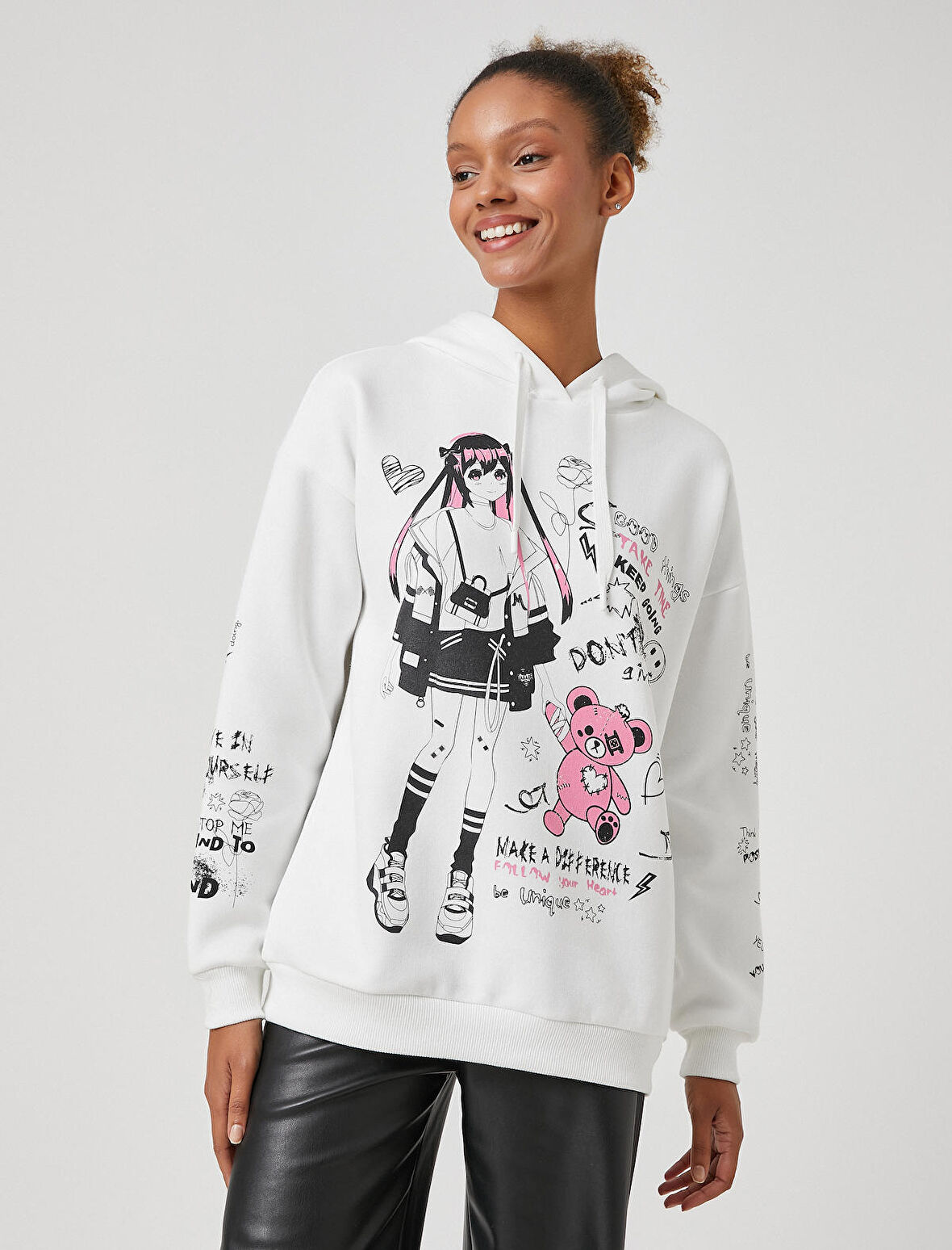 Kapüşonlu Sweatshirt Baskılı Uzun Kollu Rahat Kesim