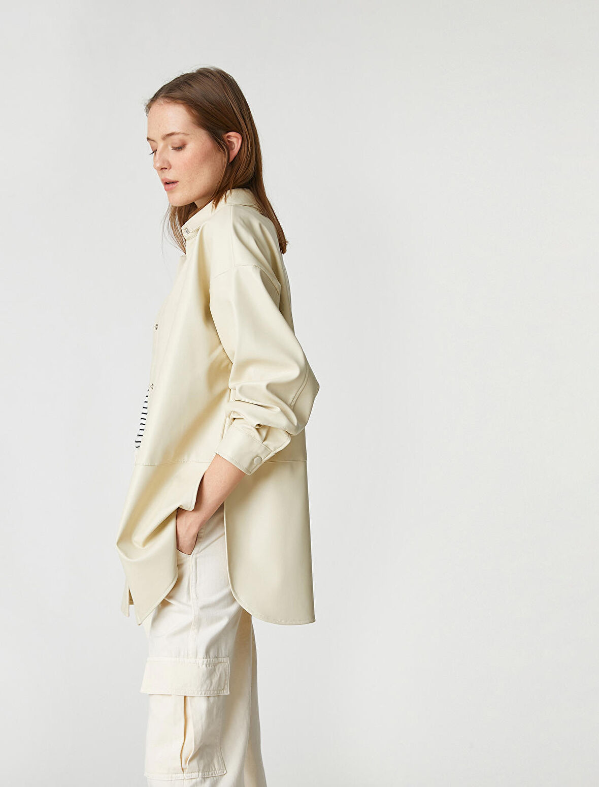 Suni Deri Gömlek Ceket Çıtçıtlı Yırtmaç Detaylı