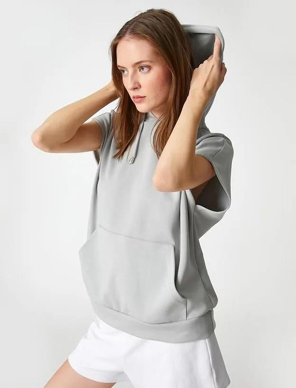 Kadın Giyim Kapüşonlu Kısa Kollu Tişört Kanguru Cepli Modal Karışımlı 3SAK10089EK Gri