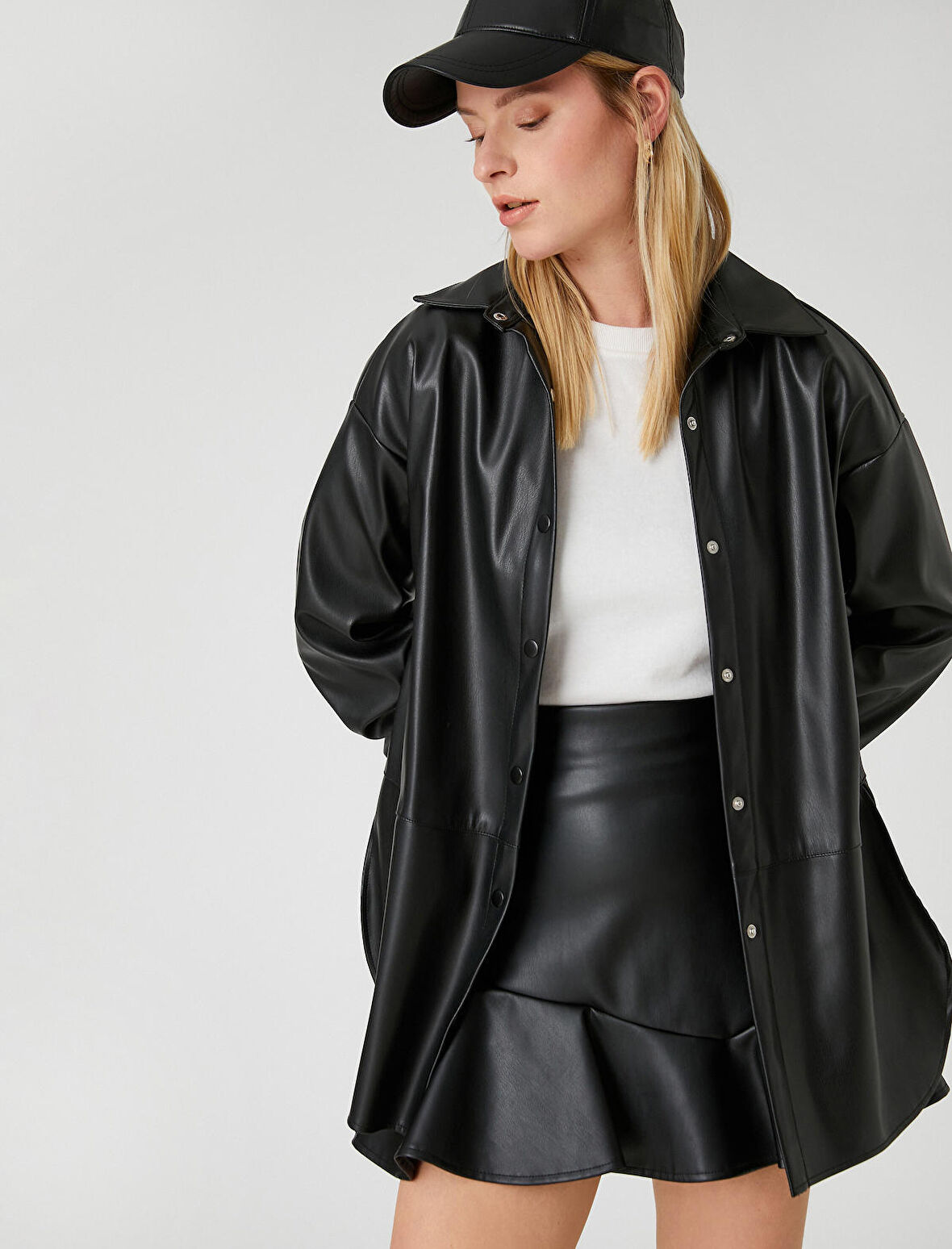 Suni Deri Gömlek Ceket Çıtçıtlı Yırtmaç Detaylı