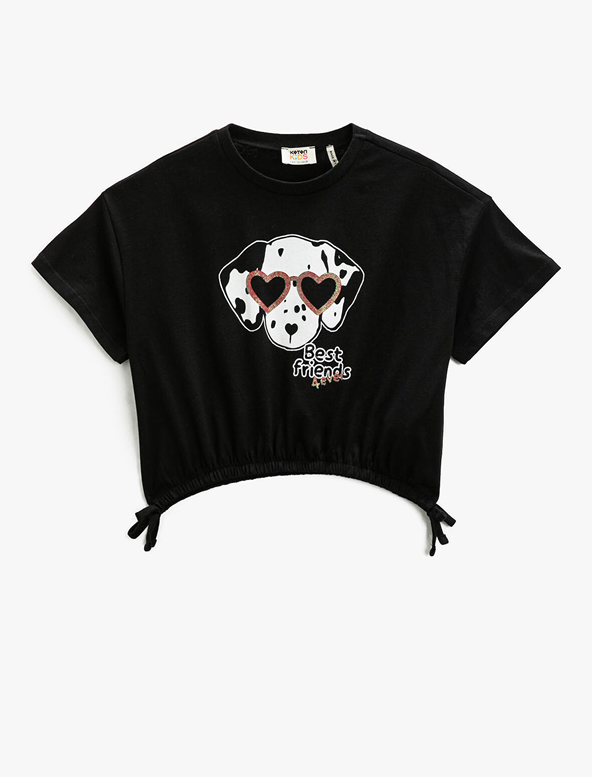 Kısa Kollu Crop Tişört Köpek Baskılı Beli Lastikli Bisiklet Yaka Simli Pamuklu