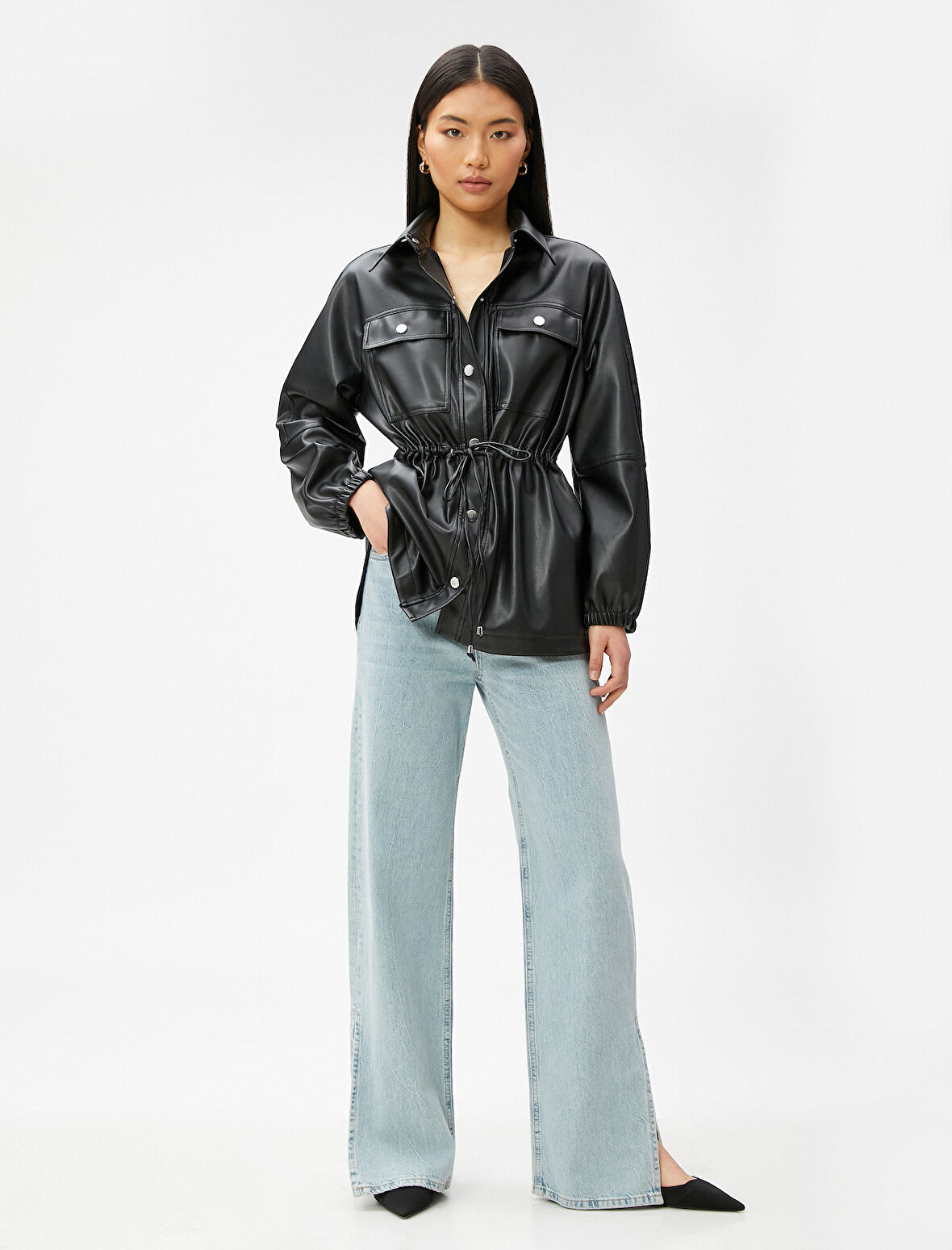 Suni Deri Ceket Cepli Beli Büzgülü