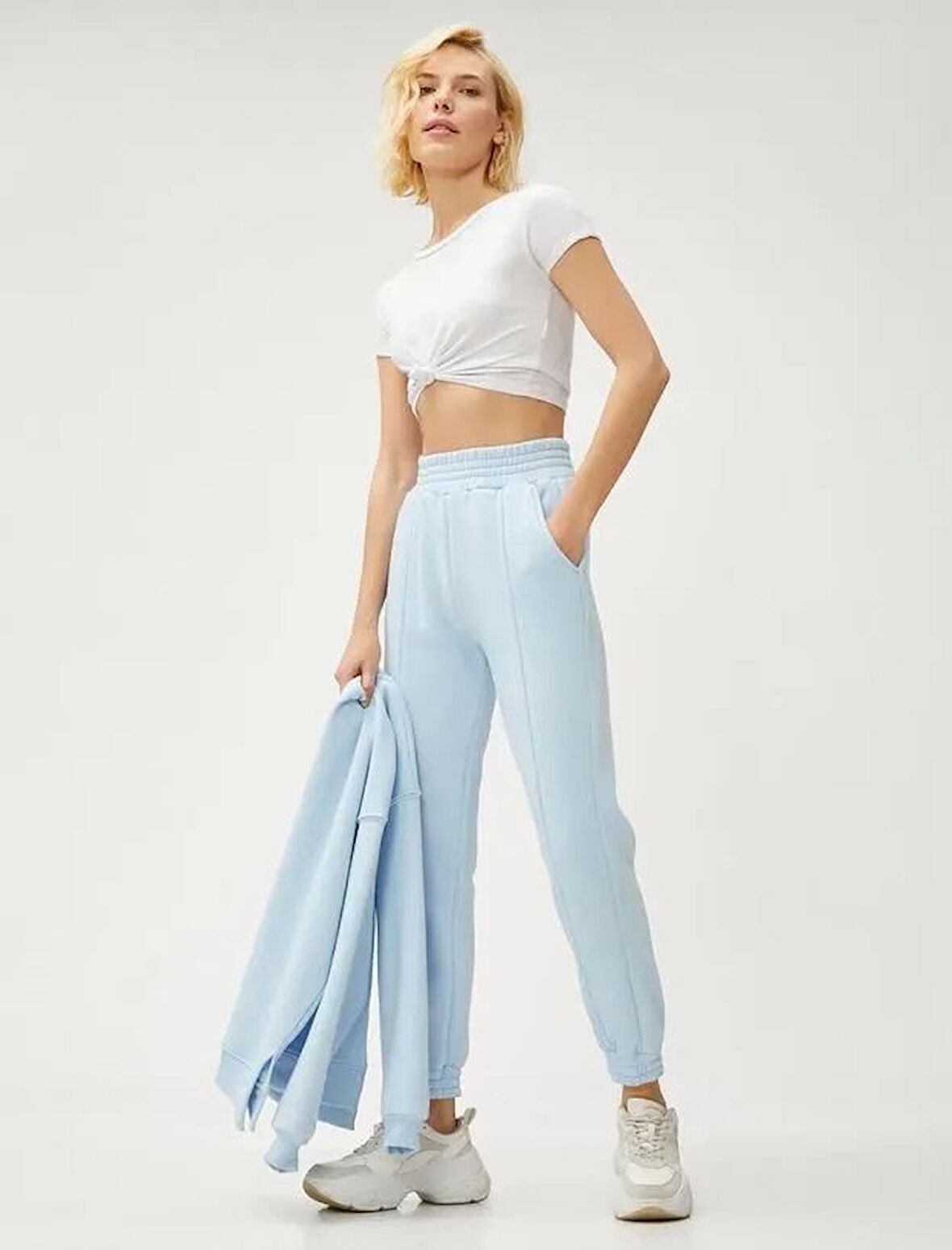 Kadın Giyim Cepli Jogger Eşofman Altı Nervürlü Beli Lastikli 3SAK30058EK Mavi