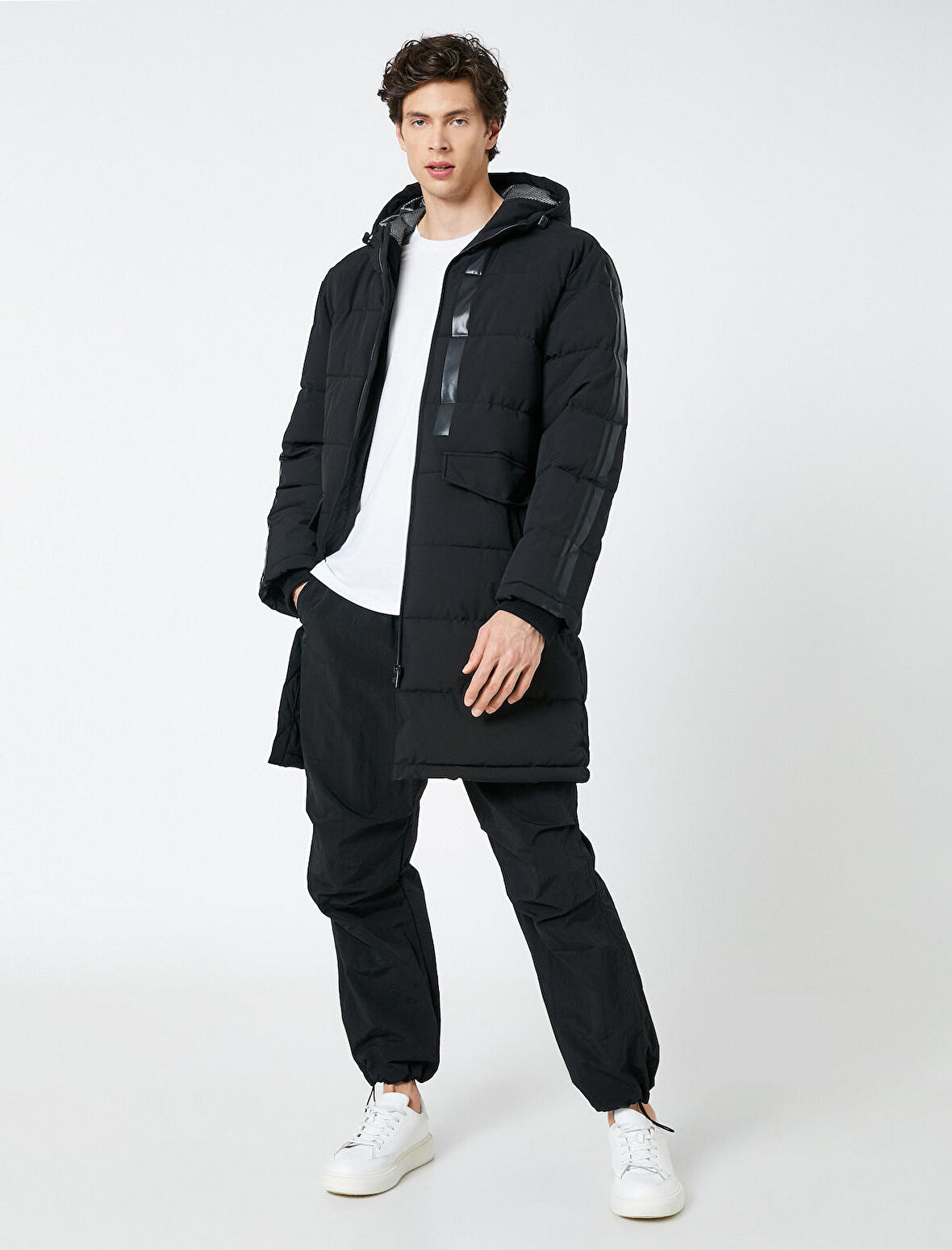 Uzun Mont Anorak Kapşonlu Cepli Şerit Baskılı