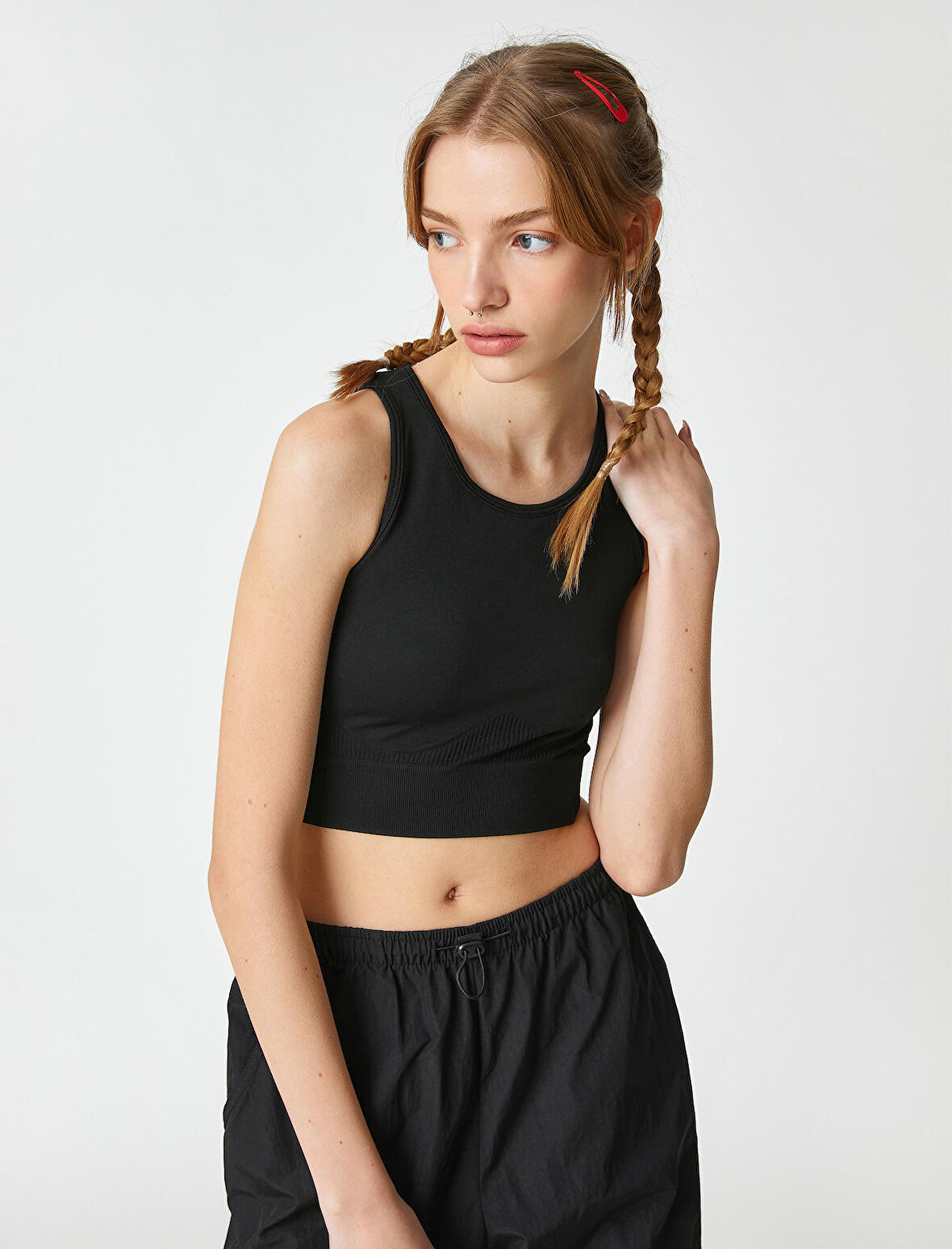 Crop Atlet Basic Bisiklet Yaka Kolsuz Fitilli