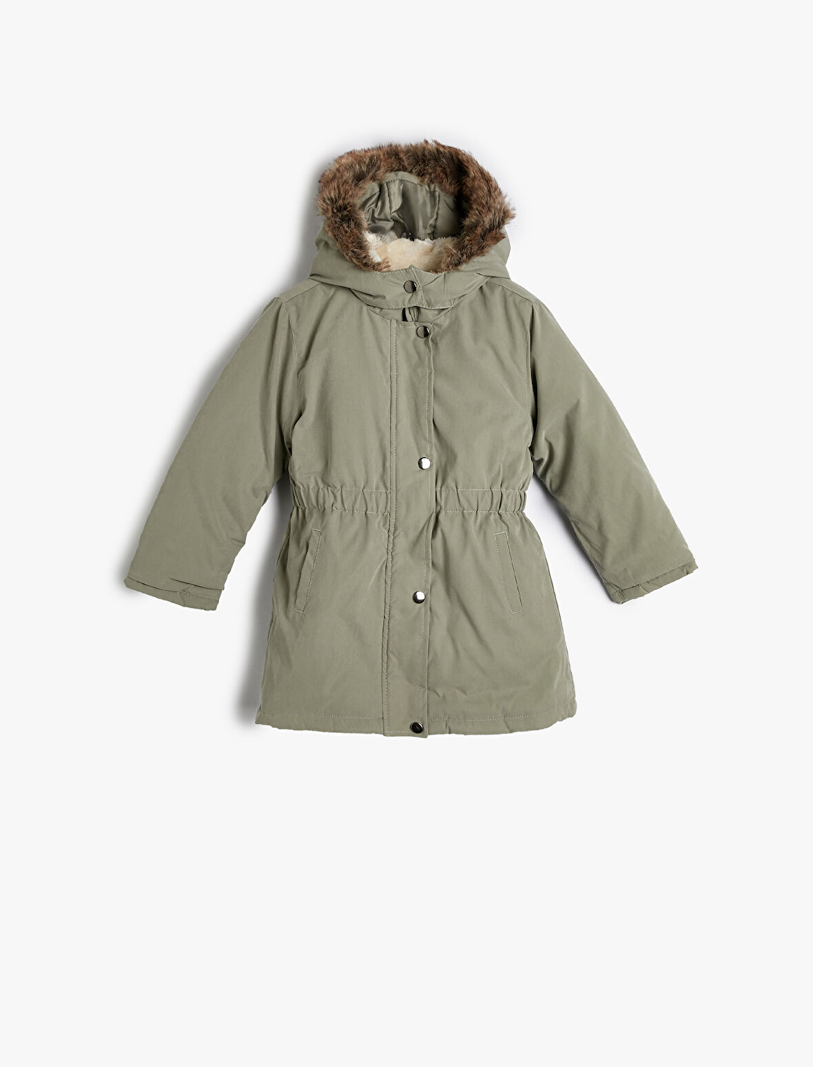 Uzun Kaban İçi Suni Kürklü Kapüşonlu Fermuarlı ve Rüzgar Kapaklı Çıtçıt Kapamalı Cepli