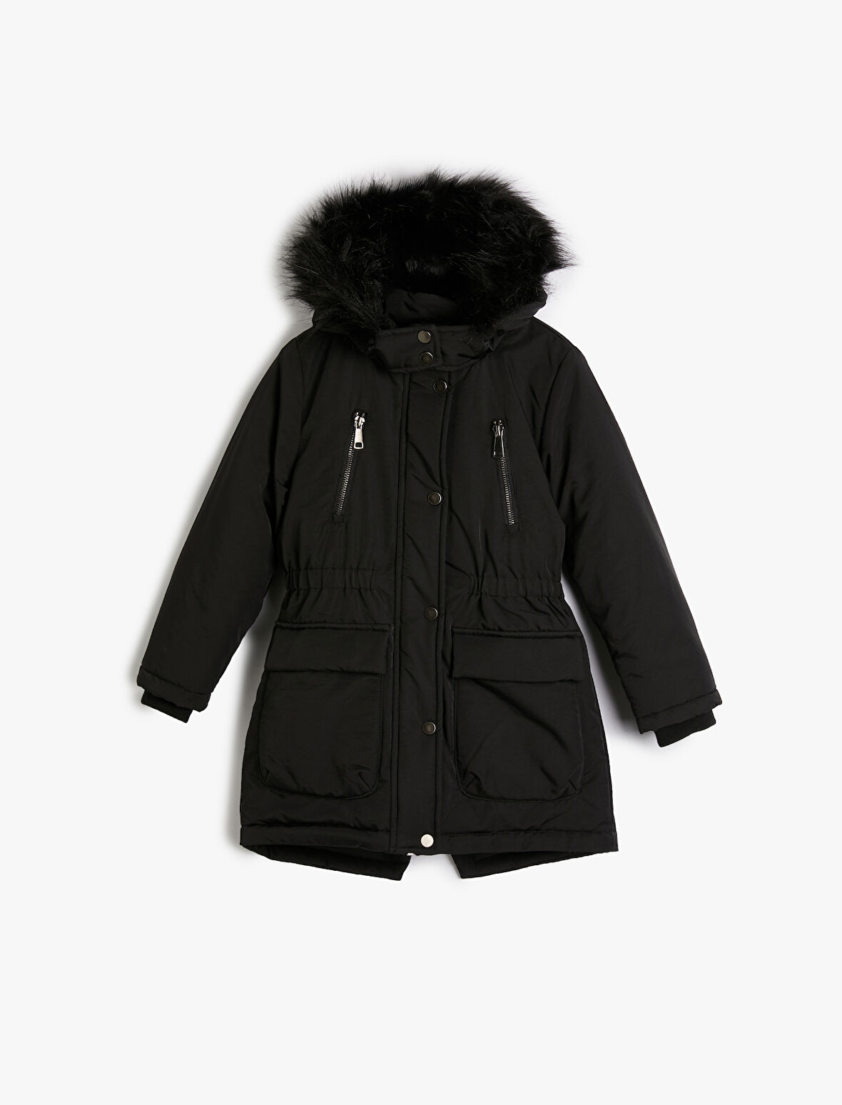 Uzun Şişme Kapşonlu Mont Kürk Detaylı Cepli