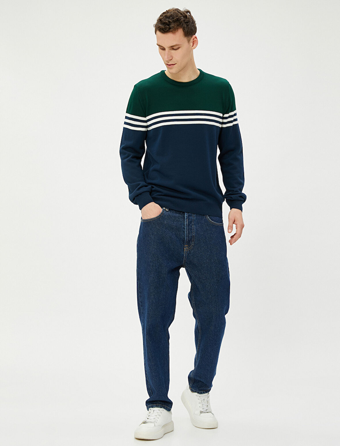 Triko Kazak Renk Bloklu Bisiklet Yaka