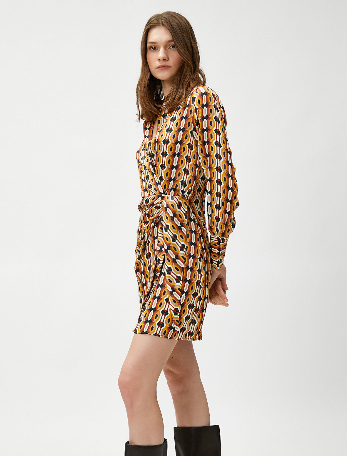 Melis Ağazat X Koton - Gömlek Yaka Saten Mini Elbise