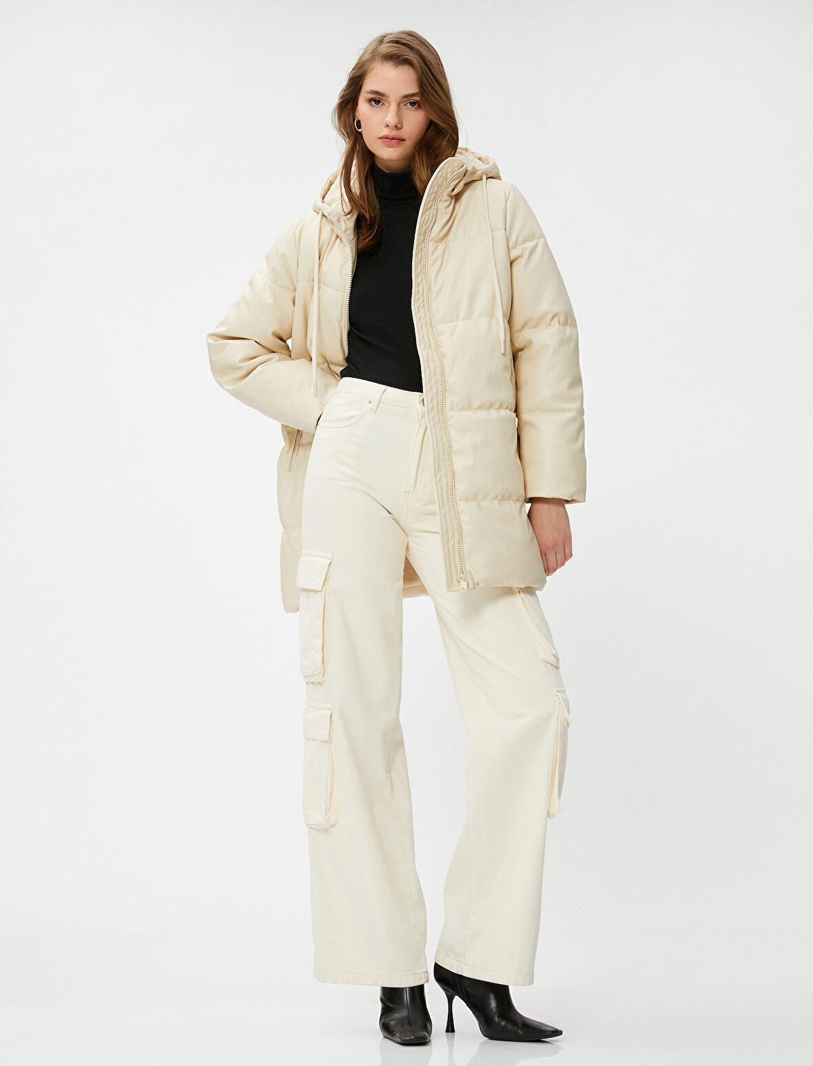 Şişme Mont Kapüşonlu Cepli Midi Boy