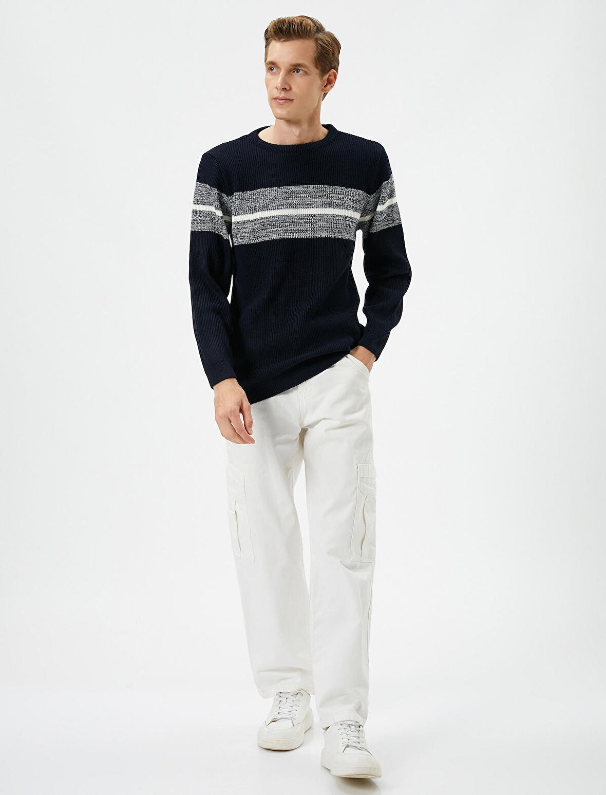 Bisiklet Yaka Kazak Slim Fit Renk Bloklu Uzun Kollu