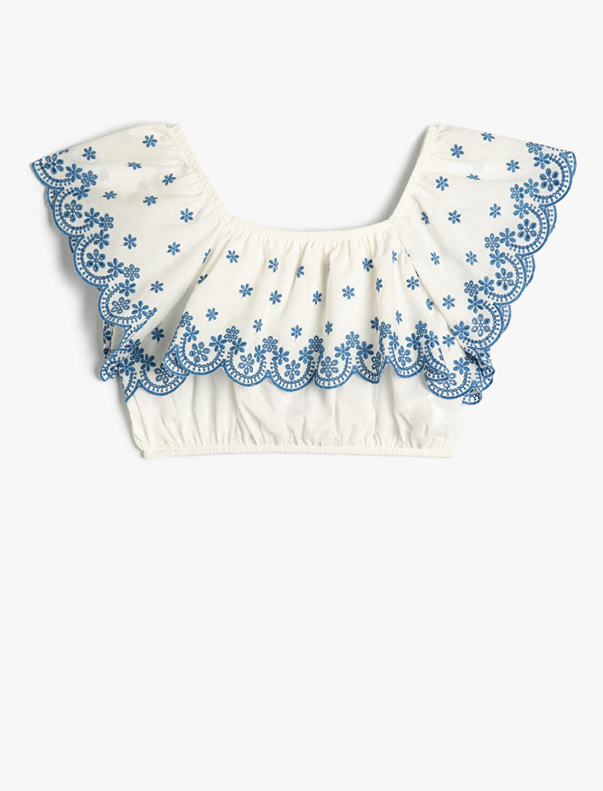 Crop Bluz Düşük Omuz Fırfırlı Katlı Floral Desenli Pamuklu