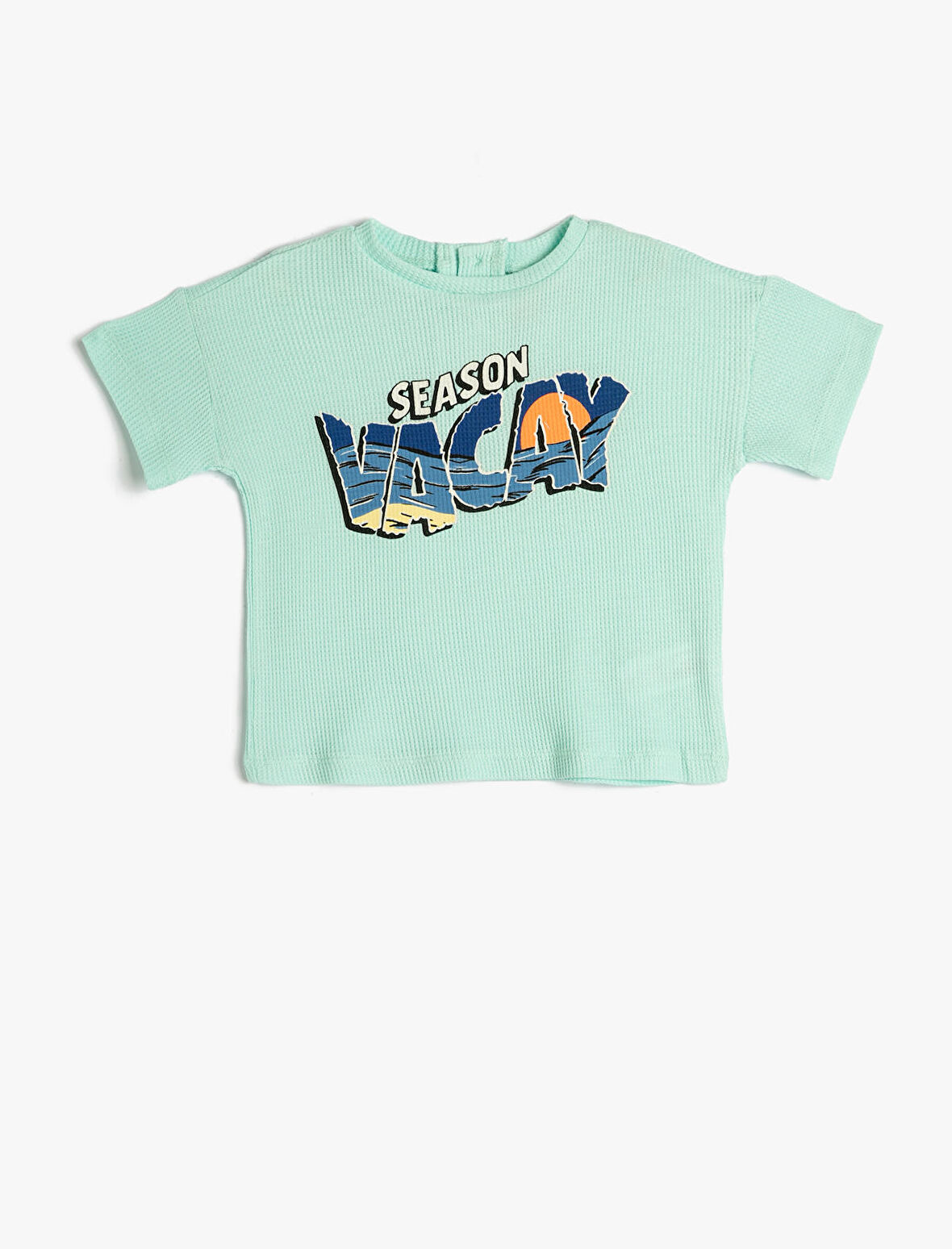 Kısa Kollu Tişört Pamuklu Arkası Düğme Kapamalı Yuvarlak Yaka Baskılı