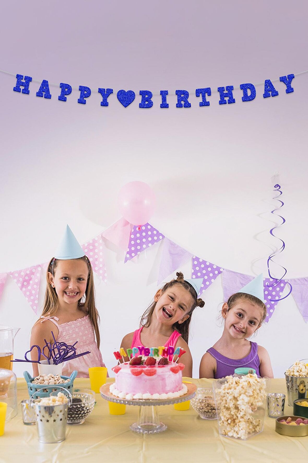 Mavi Happy Birthday Yazılı Banner, Doğum Günü Süsü, Simli Eva Banner