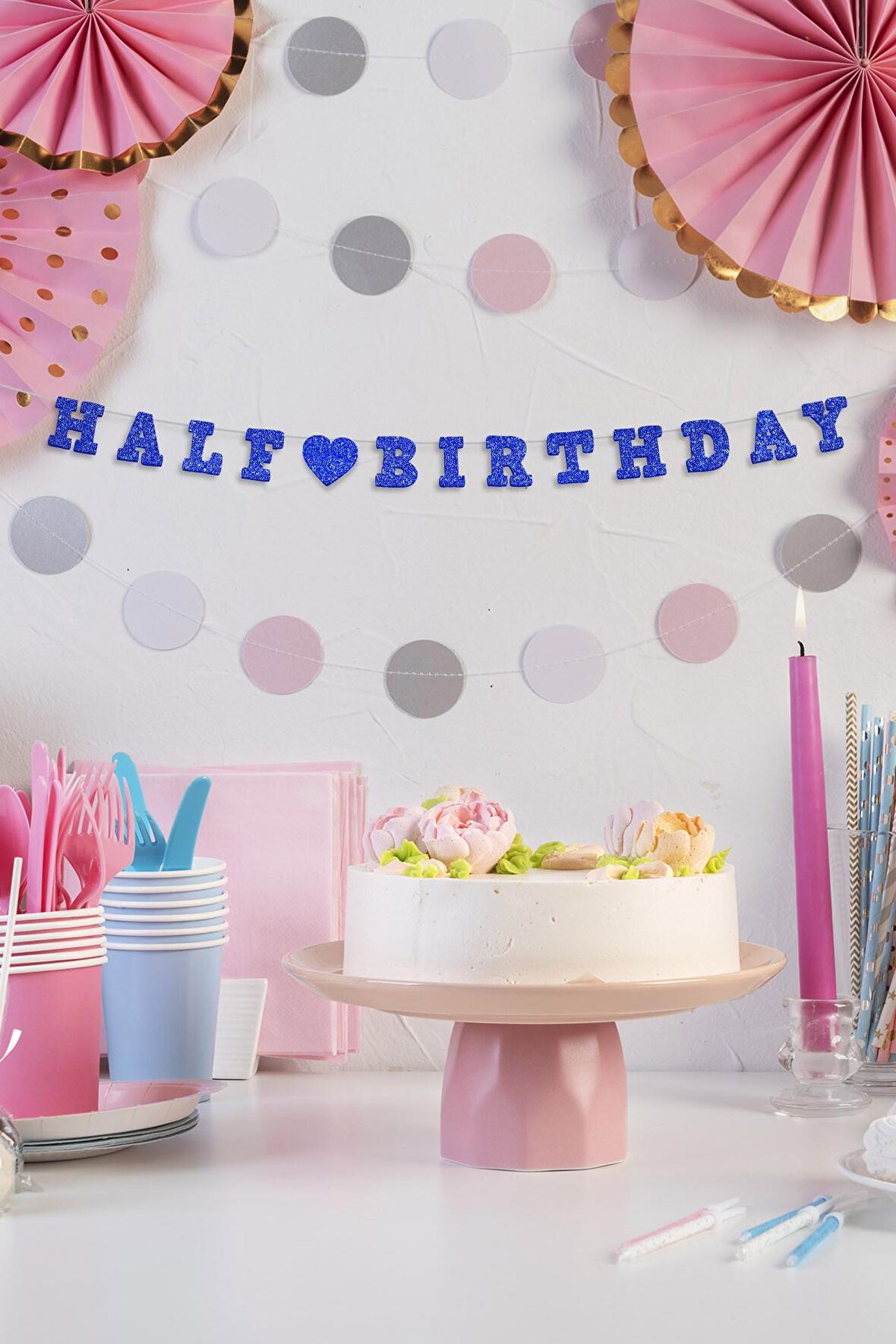 Mavi Half Birthday Yazılı Banner, Yarım Yaş Partisi, Doğum Günü Süsü, Simli Eva Banner