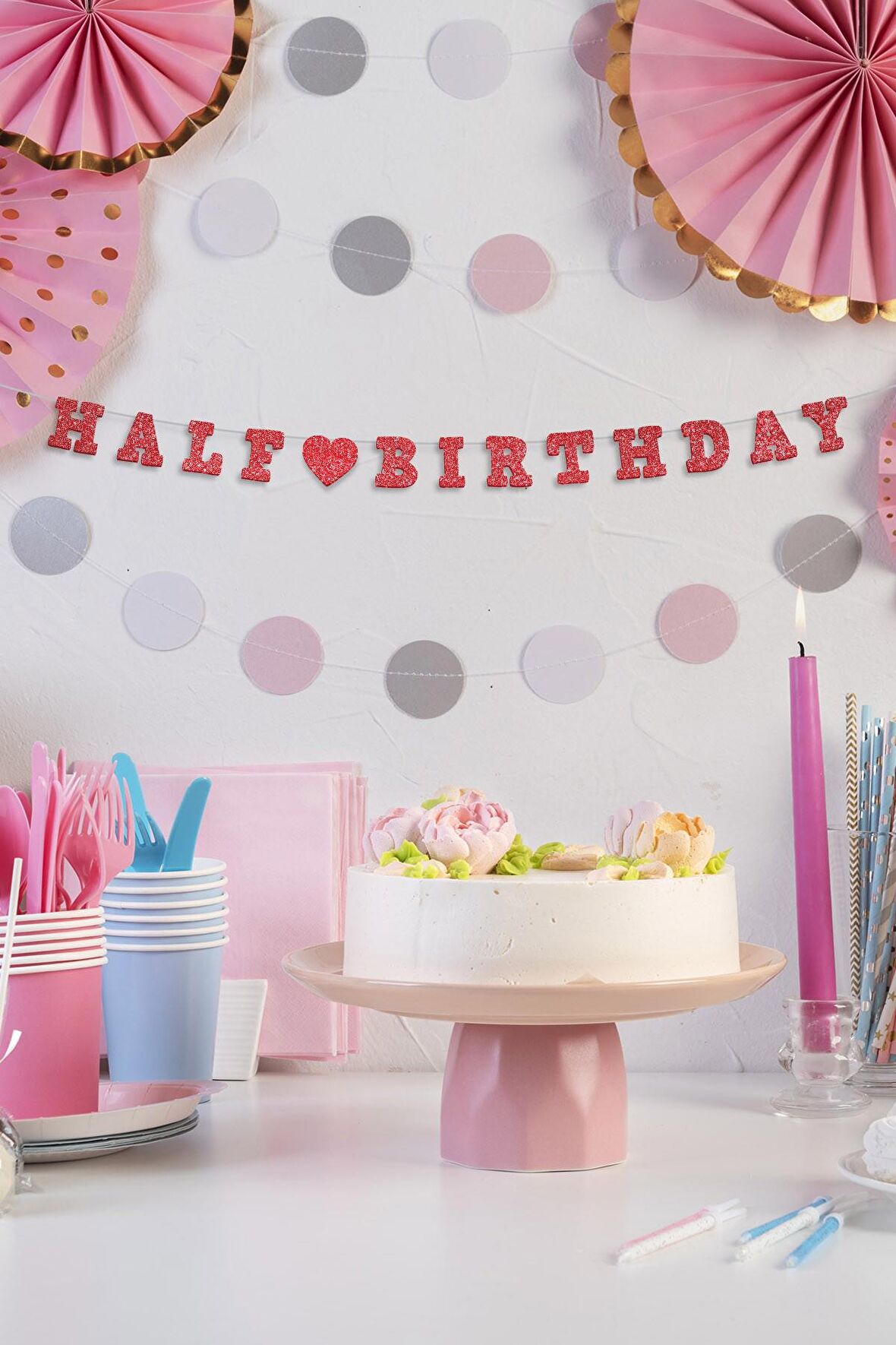 Kırmızı Half Birthday Yazılı Banner, Yarım Yaş Partisi, Doğum Günü Süsü, Simli Eva Banner