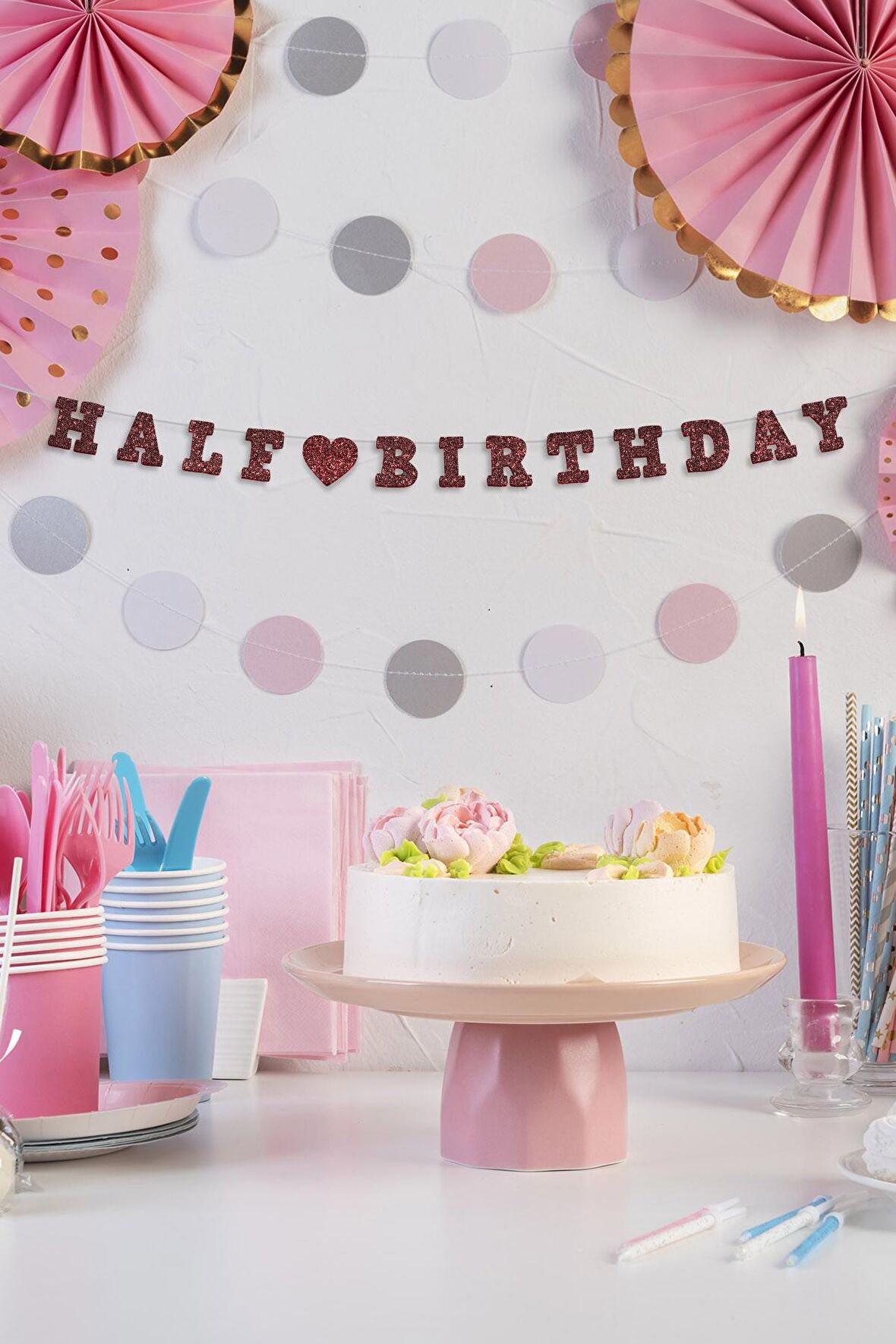 Kahverengi Half Birthday Yazılı Banner, Yarım Yaş Partisi, Doğum Günü Süsü, Simli Eva Banner