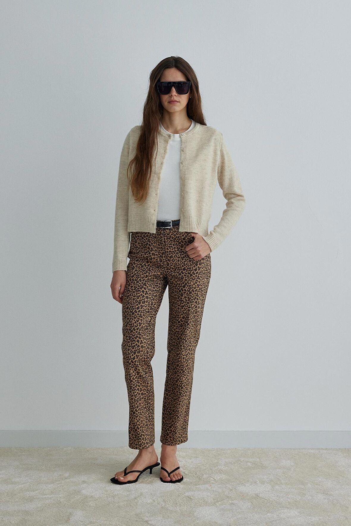 Kahverengi Leopar Crop Pantolon