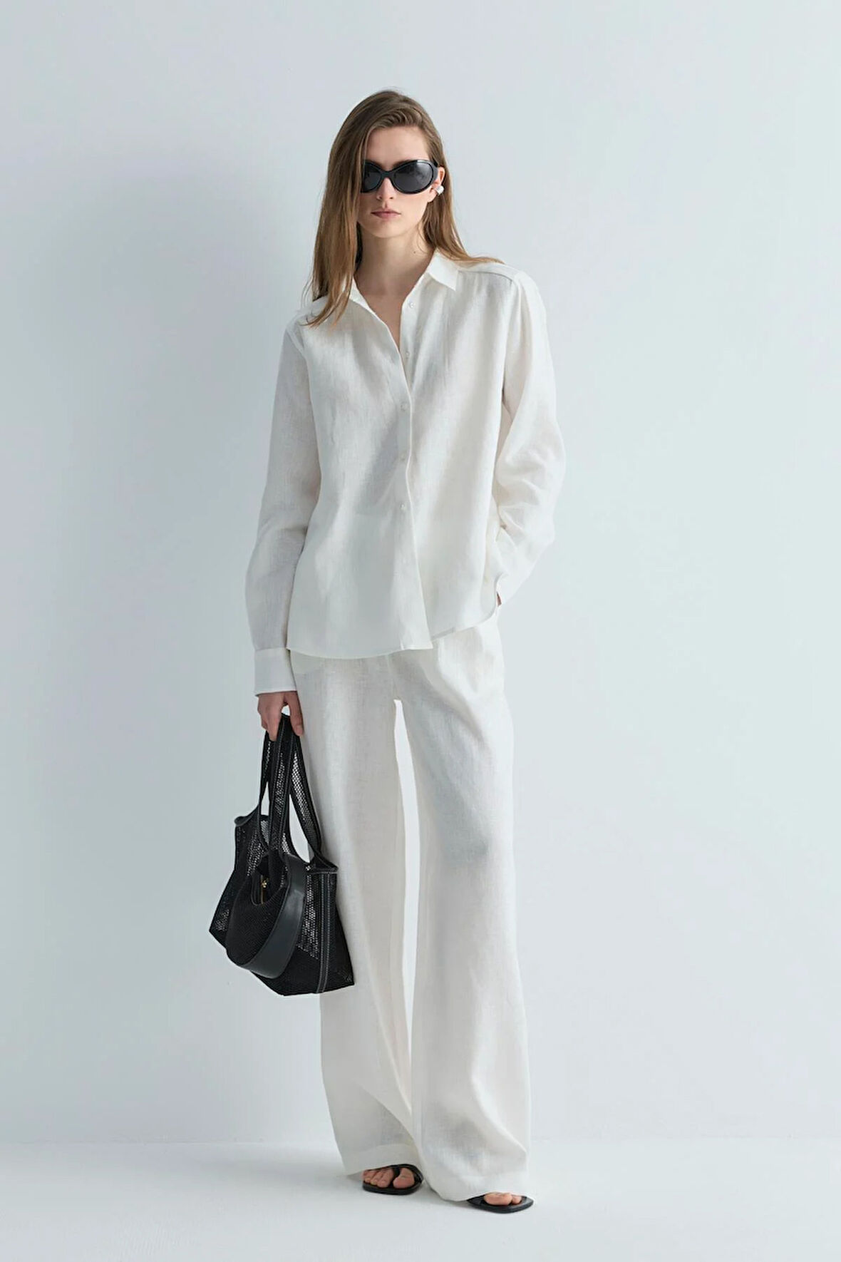 Beyaz %100 Keten Nora Pileli Pantolon