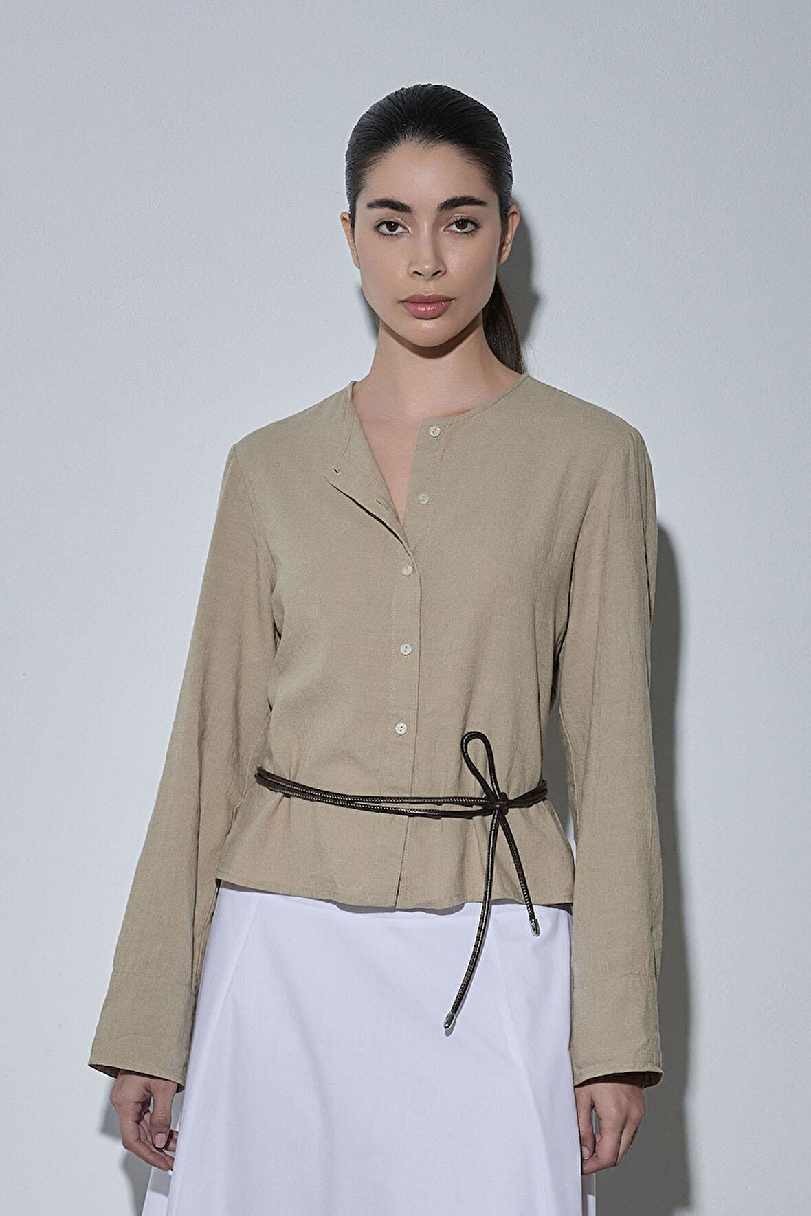 Bej Lizi Keten Gömlek