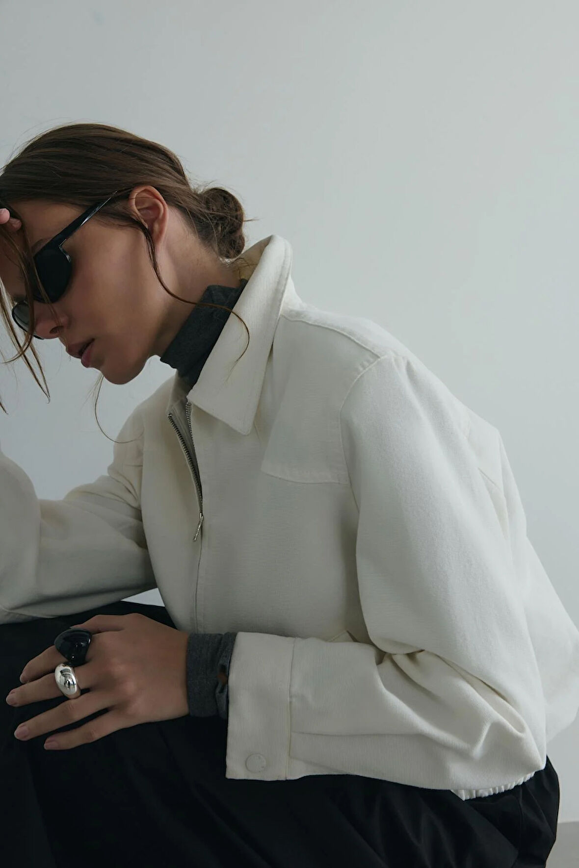 Beyaz Alden Yıkamalı Ceket