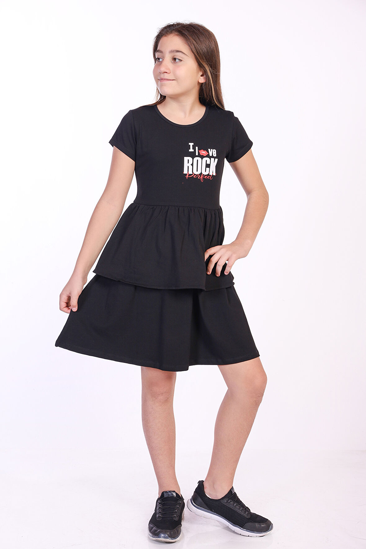 Toontoy Kız Çocuk I Love Rock Baskılı Elbise