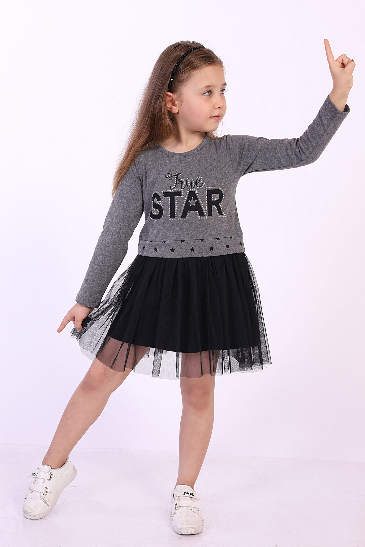 Toontoy Kız Çocuk Star Baskılı Tüllü Elbise