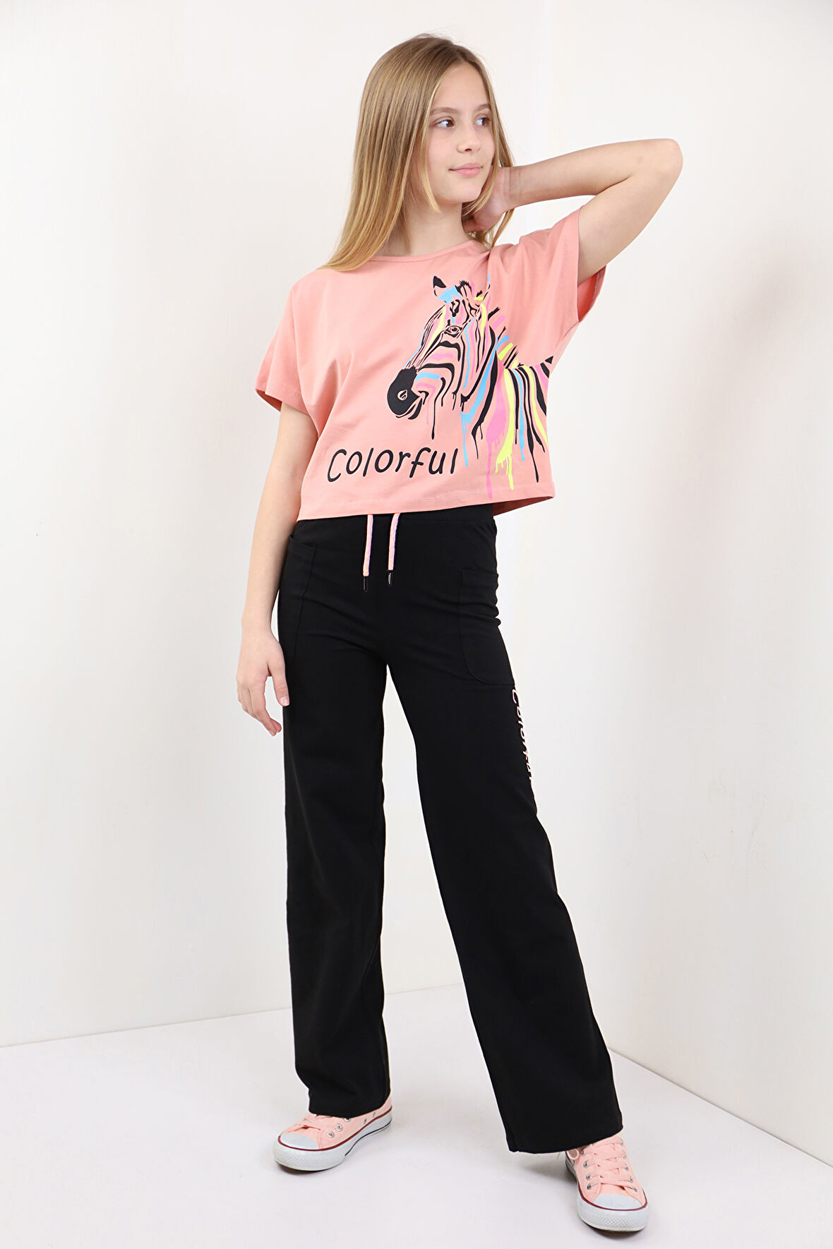 Toontoy Kız Çocuk Colorful Zebra Baskılı Eşofman Takım