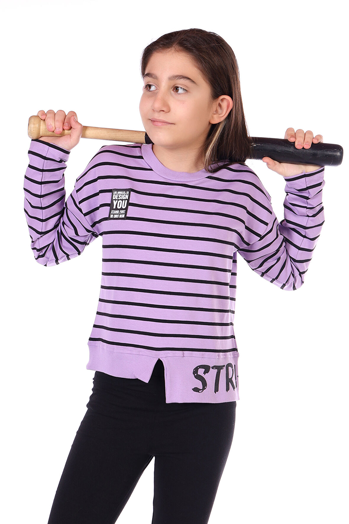 Toontoy Kız Çocuk Çizgili Striped Baskılı Sweatshirt