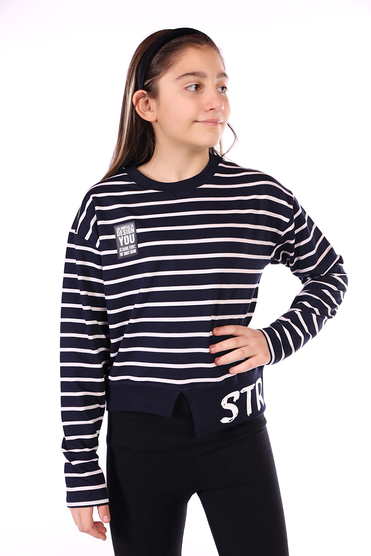 Toontoy Kız Çocuk Çizgili Striped Baskılı Sweatshirt