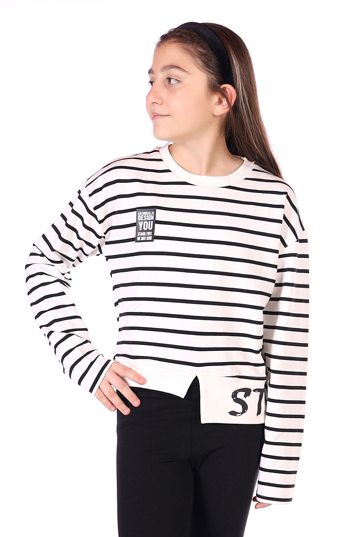 Toontoy Kız Çocuk Çizgili Striped Baskılı Sweatshirt