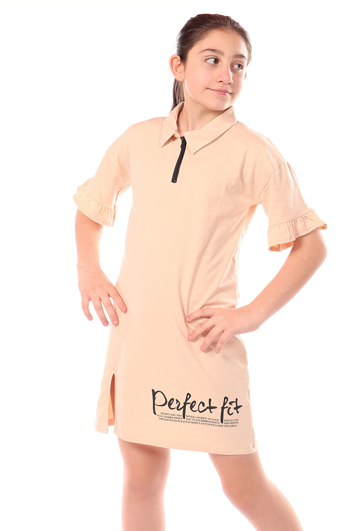 Toontoy Kız Çocuk Yakalı Fermuar Detaylı Perfect Fit Baskılı Elbise