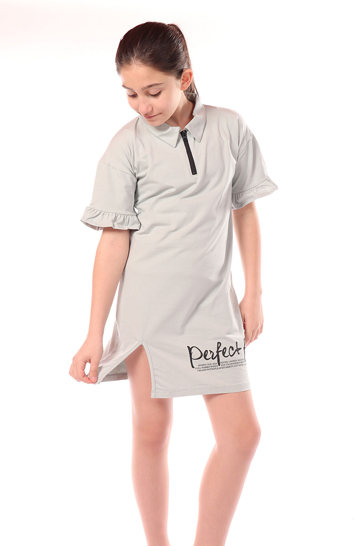 Toontoy Kız Çocuk Yakalı Fermuar Detaylı Perfect Fit Baskılı Elbise